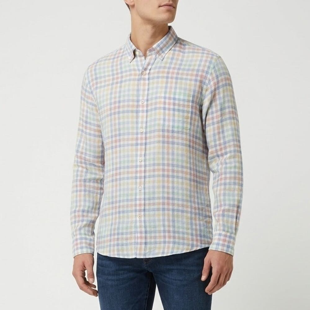 Peter Millar Button Down Shirt Mens XL Multicolor Linen Plaid Long Sleeve Preppy